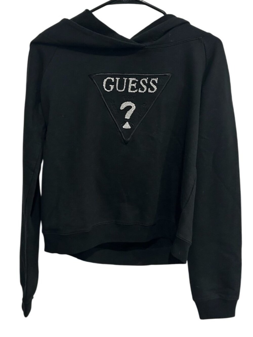 Guess Black Rhinestone Logo Hoodie Long Sleeve Pullover Sweatshirt Size XL Casua